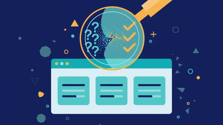 Magnifying glass over a browser window turning question marks into checkmarks, flat vector illustration