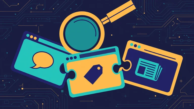Puzzle pieces with chat, tag and article icons under a magnifying glass, flat vector illustration