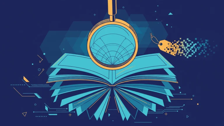 Magnifying glass over an open magazine with fanned pages, price tag dissolving into pixels, flat vector illustration